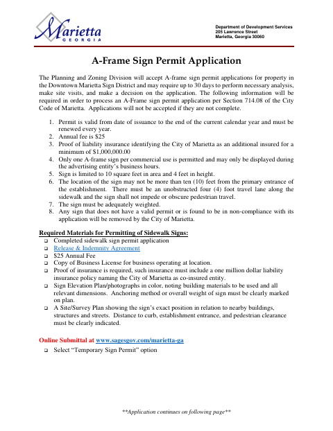 First page of the A-Frame Sign Permit Application