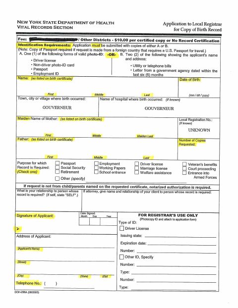 First page of the Application for Copy of Birth Record