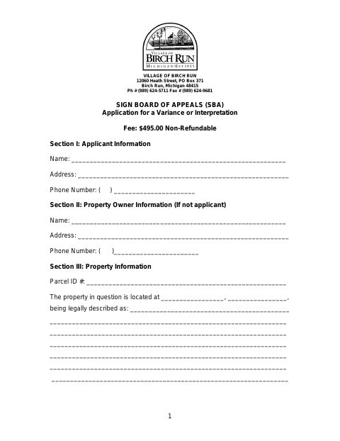 First page of the Sign Board of Appeals Application for a Variance or Interpretation