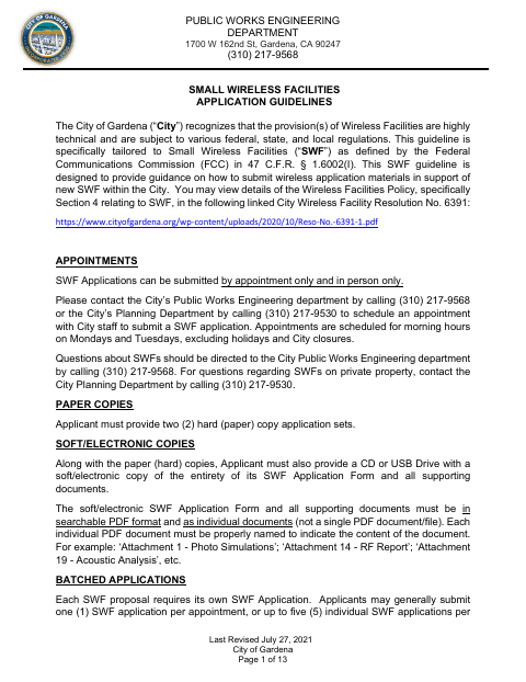 First page of the Small Wireless Facilities Application