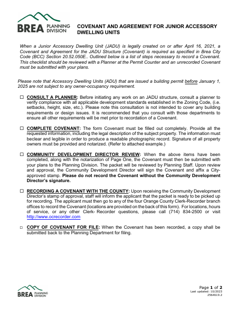First page of the Covenant and Agreement for Junior Accessory Dwelling Unit Structure
