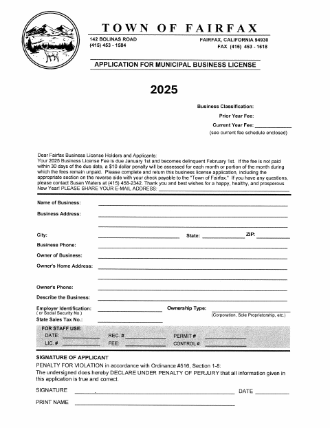 First page of the 2025 Business License Application