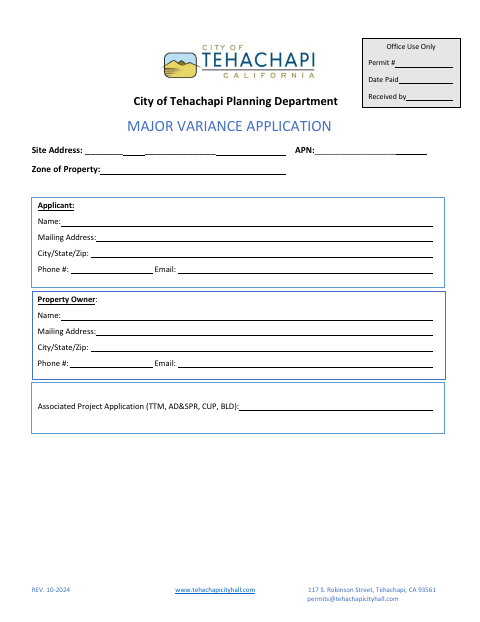 First page of the Major Variance Application