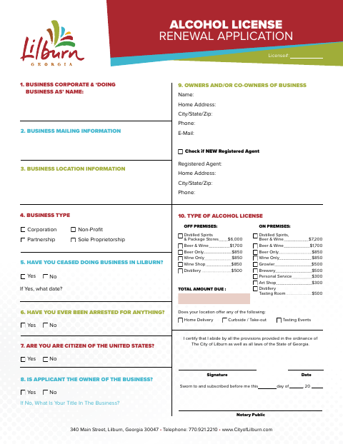 First page of the Alcohol License Renewal Application