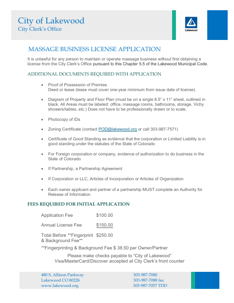 First page of the Massage Business License Application