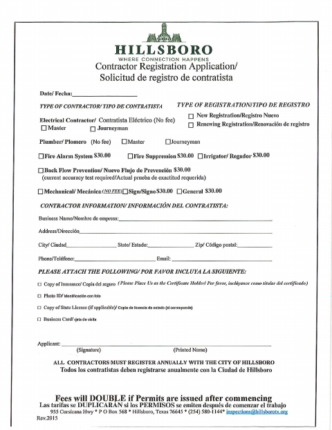 First page of the Contractor Registration Application