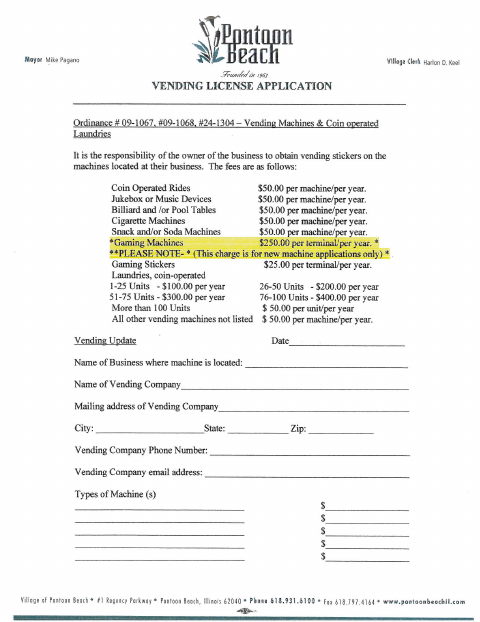 First page of the Vending License Application