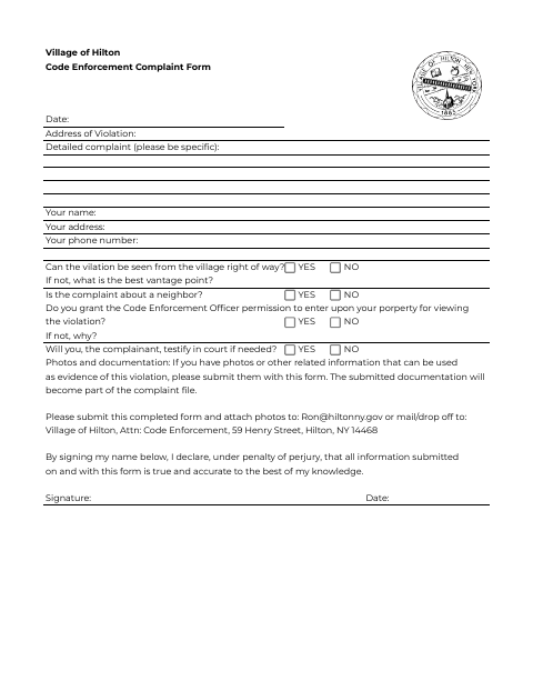 First page of the Code Enforcement Complaint Form