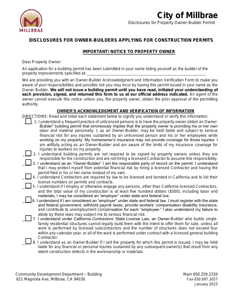 First page of the Disclosures for Property Owner-Builder Permit