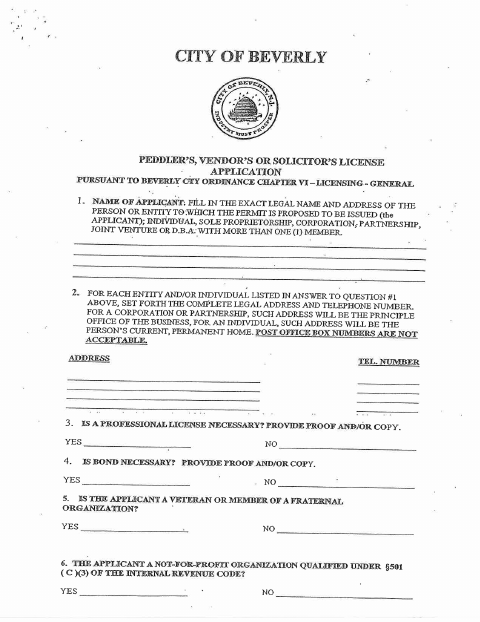 First page of the Solicitor’s and Peddler’s Permit Application