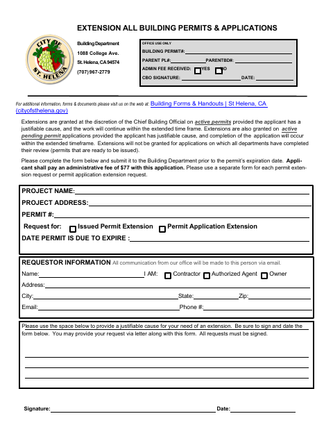 First page of the Extension Request for Permits and Applications