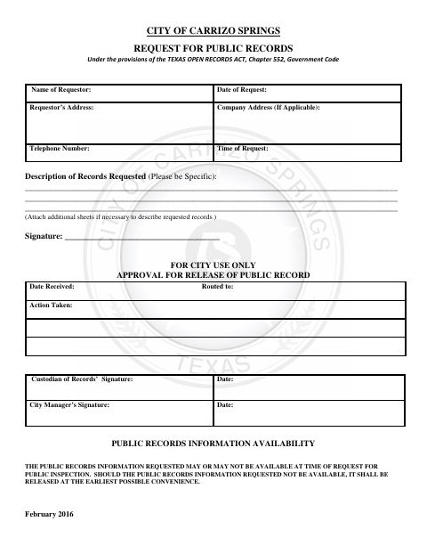 First page of the Request for Public Records