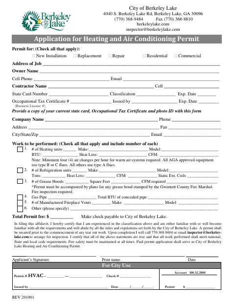 First page of the Heating and Air Conditioning Permit Application