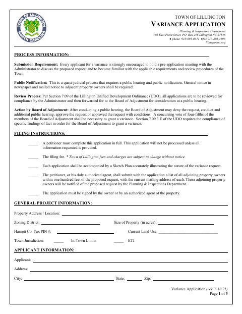 First page of the Variance Application