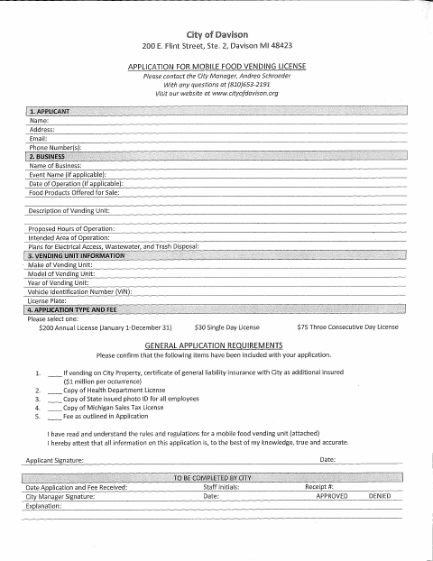 First page of the Mobile Food Vending License Application