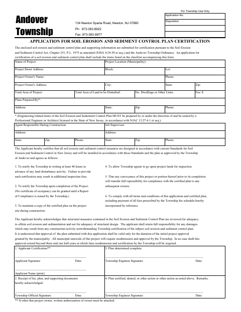 First page of the Application for Soil Erosion and Sediment Control Plan Certification