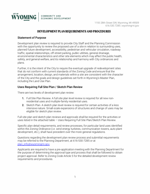 First page of the Development Plan Review Application
