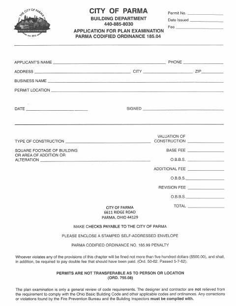 First page of the Application for Plan Examination