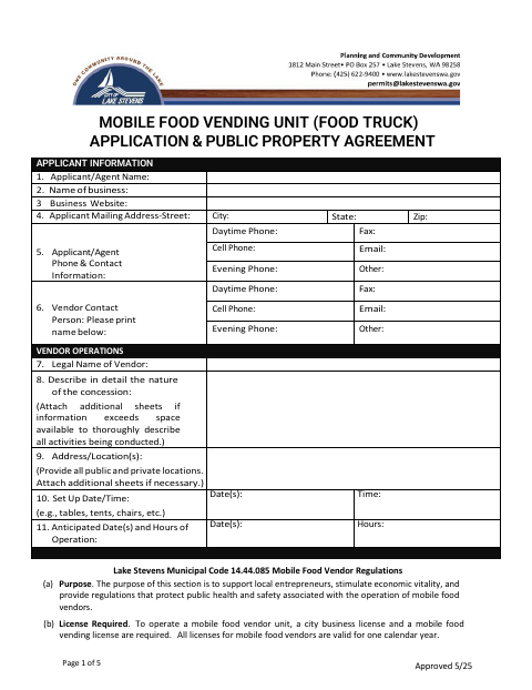 First page of the Mobile Food Vending Unit (Food Truck) Application & Public Property Agreement