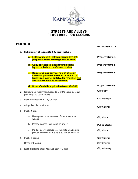 First page of the Petition for Street or Alley Closure
