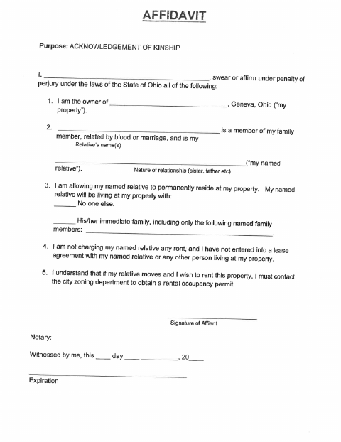 First page of the Family Affidavit Form