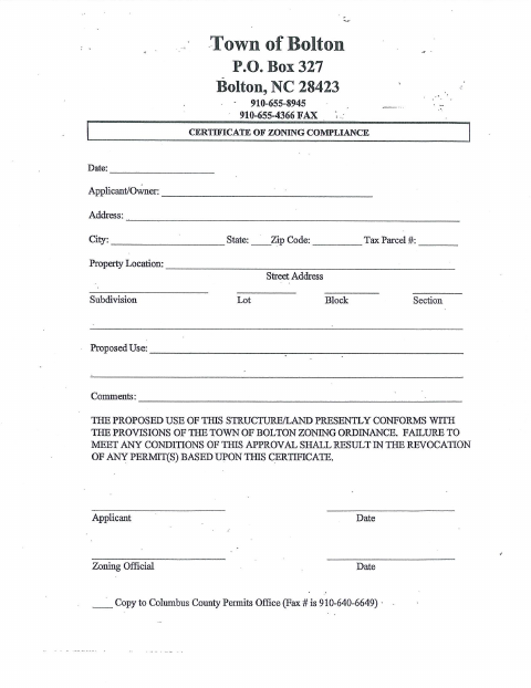 First page of the Zoning Compliance Application