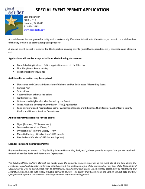 First page of the Special Event Permit Application