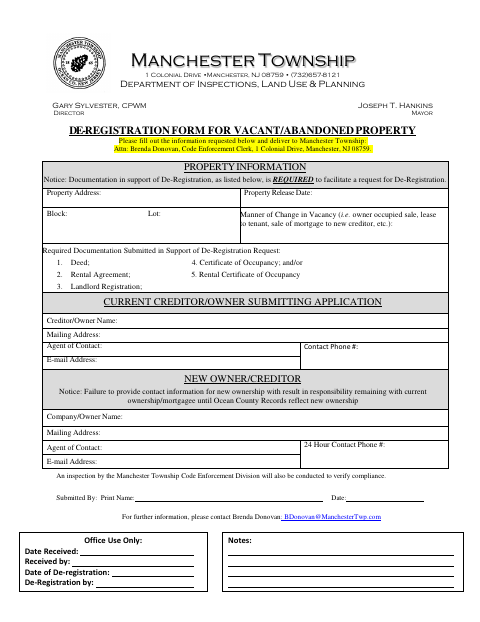 First page of the De-Registration Form for Vacant/Abandoned Property