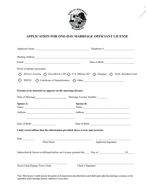 First page of the One-Day Marriage Officiant License Application