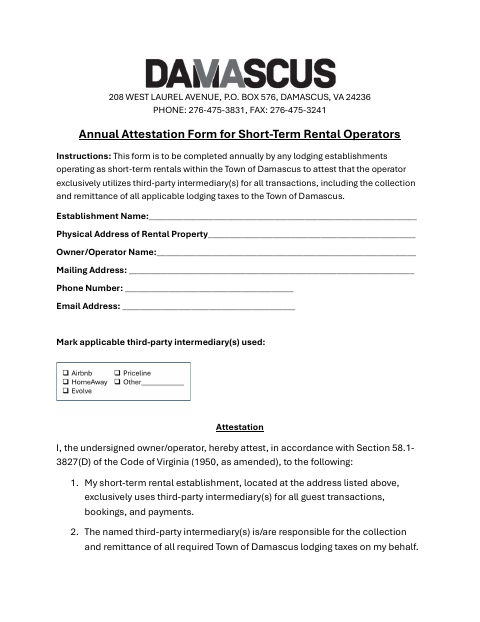 First page of the Annual Attestation Form for Short-Term Rental Operators