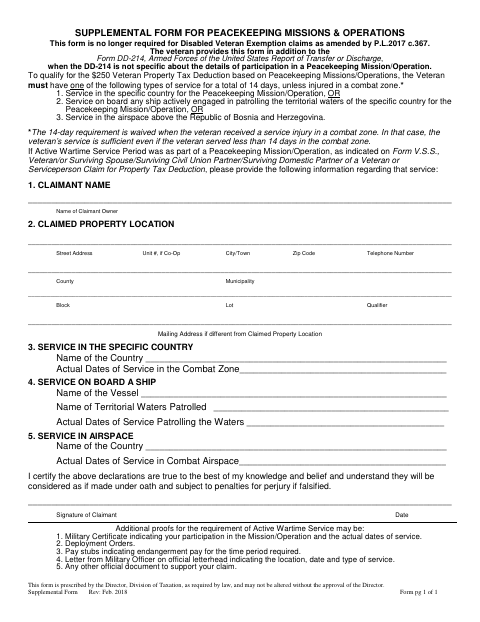 First page of the Supplemental Form for Peacekeeping Missions & Operations