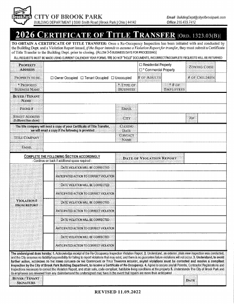 First page of the Certificate of Title Transfer