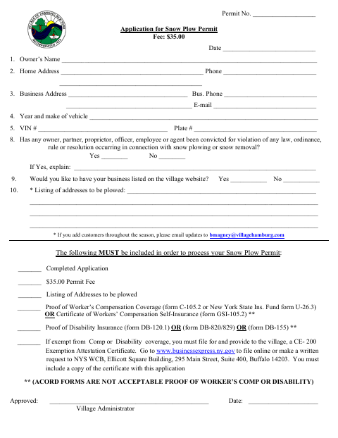 First page of the Application for Snow Plow Permit