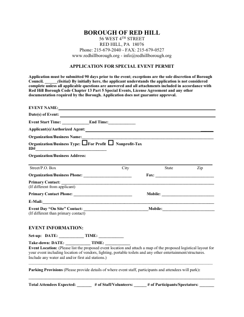 First page of the Application for Special Event Permit