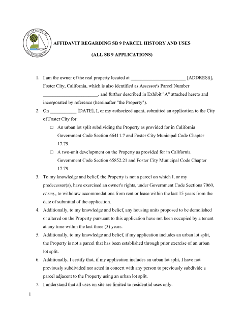 First page of the Affidavit Regarding SB 9 Parcel History and Uses