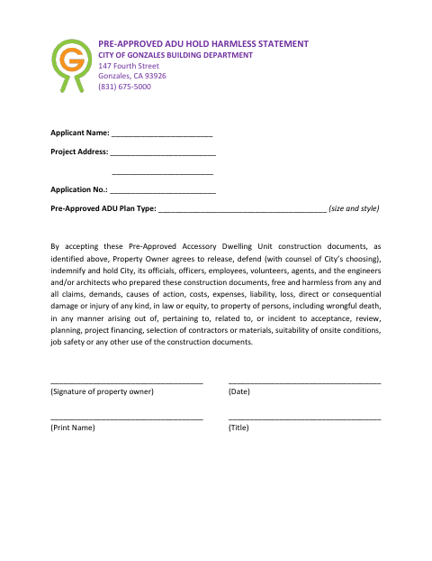 First page of the Pre-Approved ADU Hold Harmless Statement