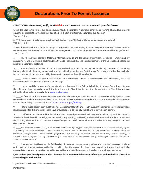First page of the Declarations Prior to Permit Issuance
