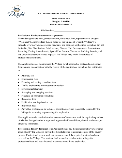 First page of the Professional Fee Reimbursement Agreement