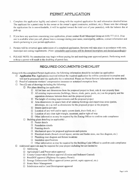 First page of the Kraft Permit Application and Fees