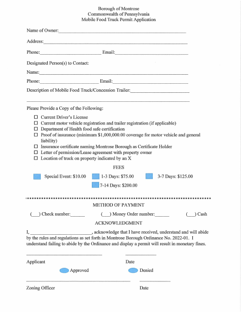 First page of the Mobile Food Truck Permit Application