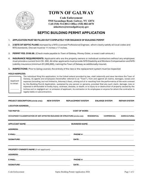 First page of the Septic Building Permit Application