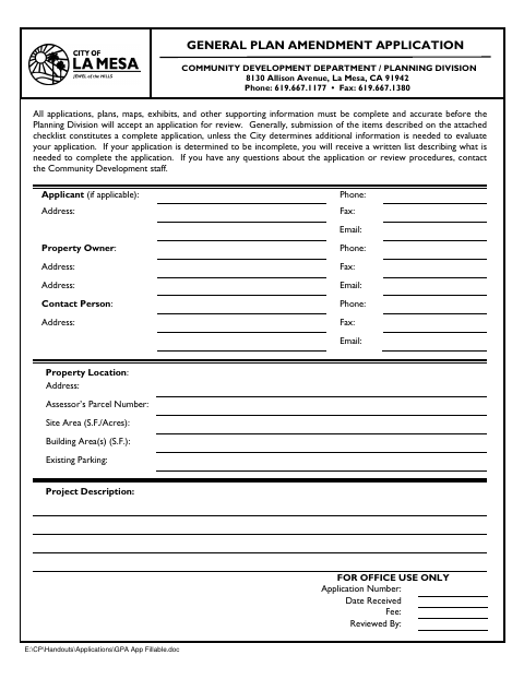 First page of the General Plan Amendment Application