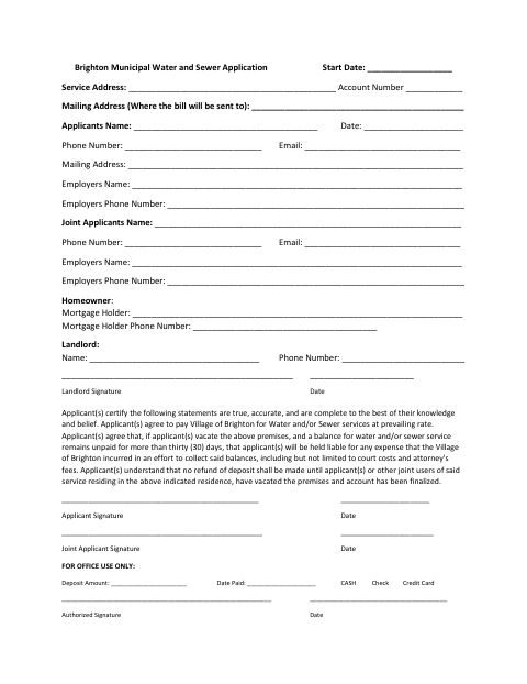 First page of the New Water Service Form