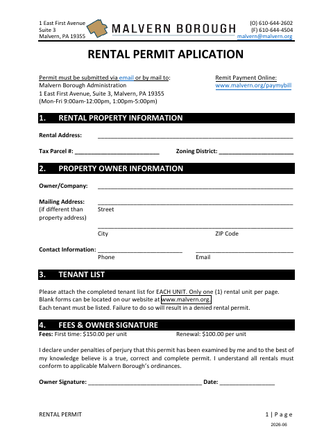 First page of the Rental Permit Application