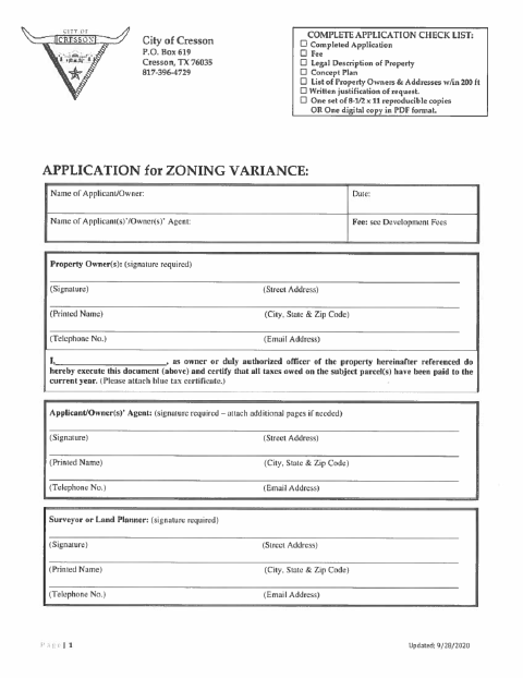 First page of the Zoning Variance Application