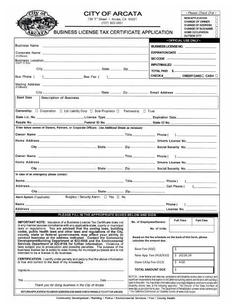 First page of the Business License Tax Certificate Application