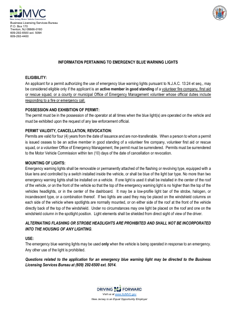 First page of the Application for Municipal Emergency Blue Warning Lights