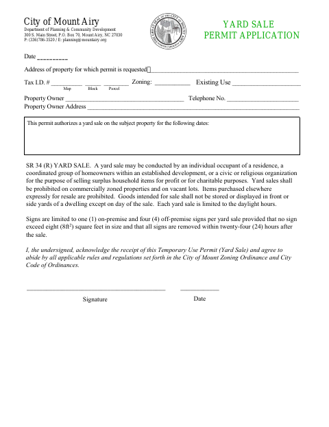 First page of the Yard Sale Permit