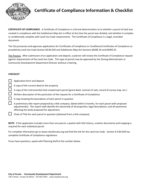 First page of the Certificate of Compliance Information & Checklist