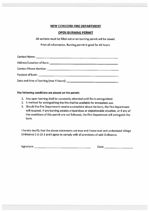 First page of the Open Burning Permit